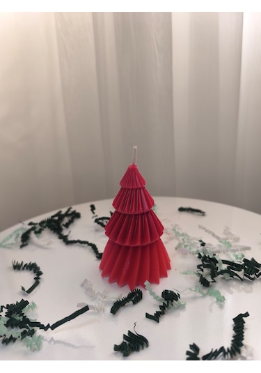 Çam Ağacı Desenli Yılbaşı Konseptli Dekoratif Mum, Tek Renk Kırmızı