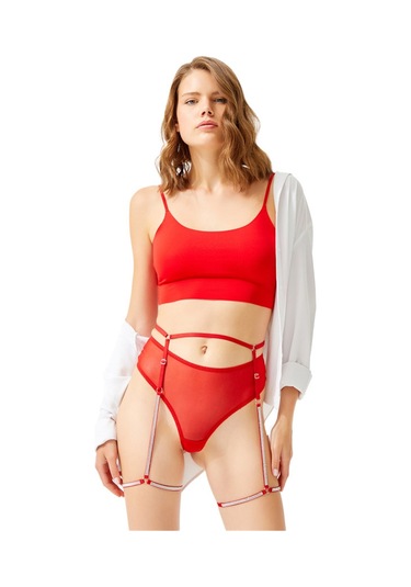 Kırmızı Ayarlanabilir Taş Detaylı Tanga Külotlu Kadın Jartiyer Kırmızı