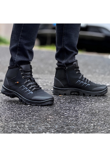 Ghattix Loft Kışlık Fermuarlı Erkek Bot İçi Tüylü Bot Siyah Siyah