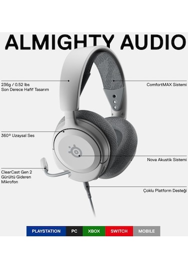 Steelseries Arctis Nova 1p Beyaz Kablolu Mikrofonlu Kulak Üstü Oyuncu Kulaklığı