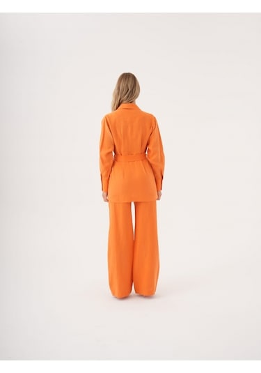 Kuşaklı Düz Form Keten Ceket Orange
