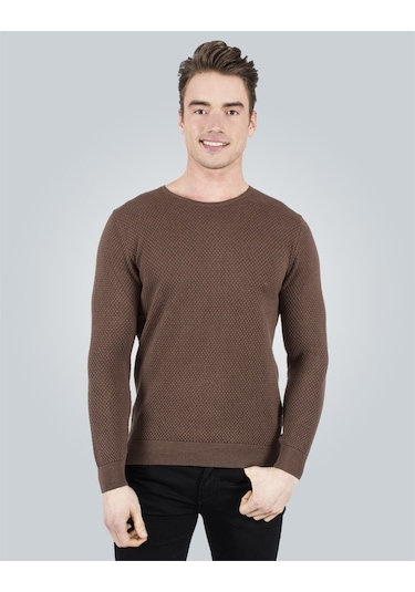 Erkek Standart Fit Normal Kesim Bisiklet Yaka Petek Desenli Kahve Triko Kazak-3440 Kahverengi