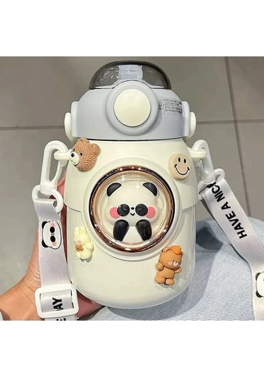 Elmpaly Çocuklar Termos Şişe Kawaii Saman 700 Ml Paslanmaz White And Stickers/ Çok Renkli