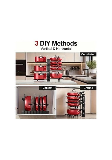 Honeybeeshop Siyah- Çok Yönlü Mutfak Düzenleyici Kapaklı Ayarlanabilir Tencere Tava Rafı Ev Restoran Kullanım Demir Depolama Rafı Siyah-