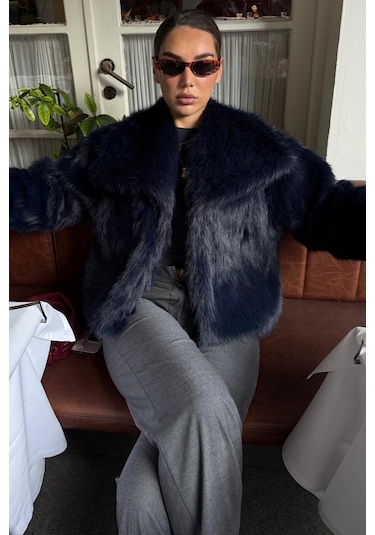 Lacivert Yumuşak Dokulu Kadın Kürk Mont Mg2204 Lacivert
