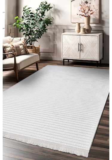 Lidya Bukle Beyaz Çizgili Halı Kaydırmaz, Kadife Hissi, Kolay Temizlik, Antibakteriyel, Modern Beyaz