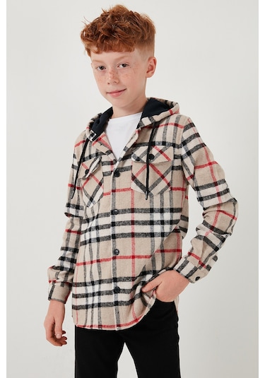 Lela Kapüşonlu Çift Cepli Ekoseli Oduncu Erkek Çocuk Gömlek Cf25W81786 Bej