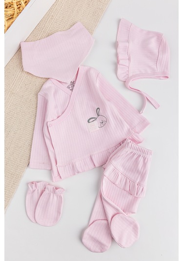 Tavşan Figürlü Pamuklu 5 Parça Kız Bebek Hastane Çıkışı Bebek Takımı Pembe