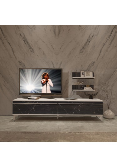 Decoraktiv Eko 4 Mdf Std Silver Tv Ünitesi Tv Sehpası Beyaz - Siyah Mermer