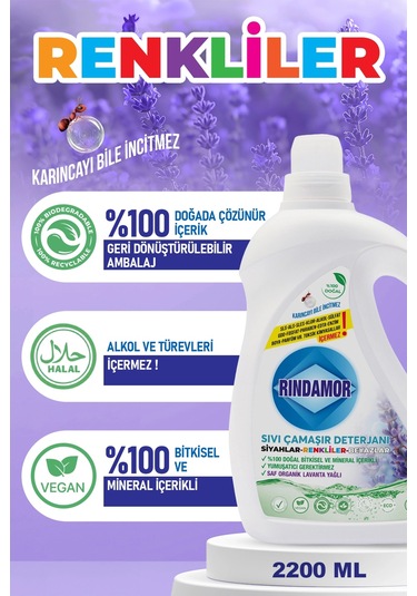% 100 Doğal Bitkisel Sıvı Çamaşır Deterjanı Organik Lavanta Yağlı -tüm Renkler 2200 ML