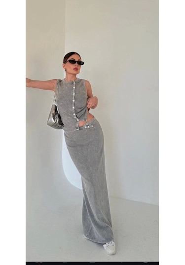 Uzun Etekli Önü Düğmeli Badi İkili Takım- Gri Gri