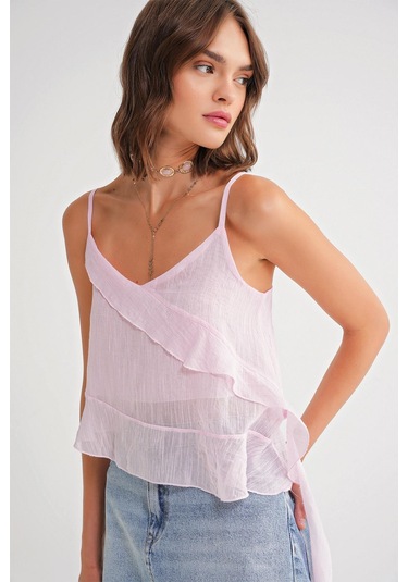 4736 Kadın Fırfırlı Askılı Bluz Pembe Pembe