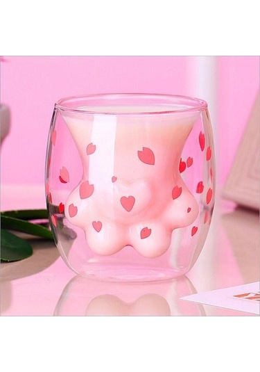 Kedi Pençe Kupası Yaratıcı Cam Çift Katmanlı Kahve Süt Kupası Kiraz Çiçeği Toz Ev Şeffaf Yalıtım Cam Su Kupası Kupalar Pembe Altın