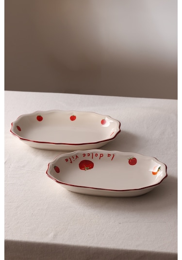 Rakle x Bengi Kurtcebe Pomodoro Stoneware 2'li Kayık Sunum Tabağı Seti 25 cm
