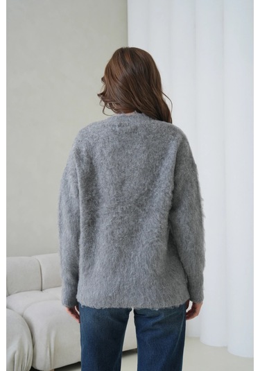 Kadın V Yaka Sakal Dokulu Şardonlu Oversize Triko Kazak 8695 Antrasit