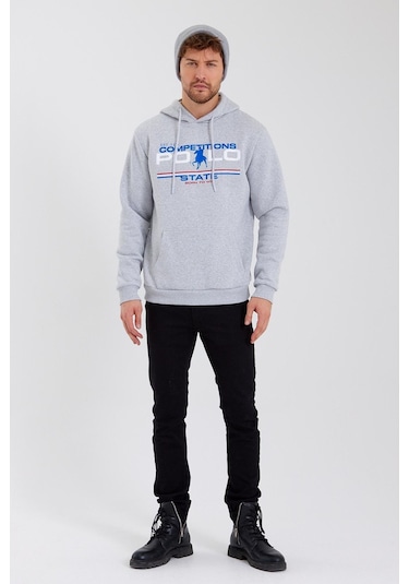 Polostate Erkek Kapüşonlu Baskılı 3 İplik Sweatshirt Gri