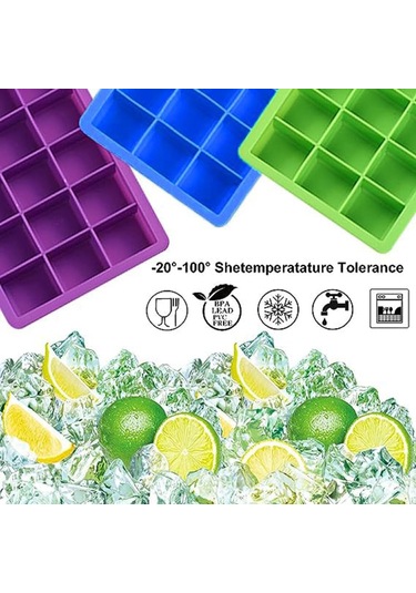 Hangfox Silikon Buz Küp Kalıbı 15 Deliği, Isı Soğuk Dayanıklı, Çekebilir Kapaklı, Kolay Çıkartma, Fırınlık, Bebek Maması, Dishwasher Güvenli - Mor/mavi/yeşil Çok Renkli