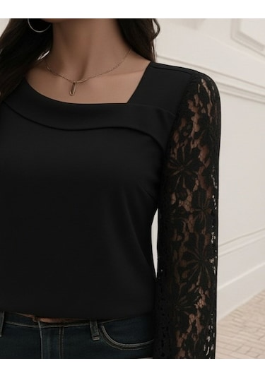 Tua Moda Kadın Uzun Kollu Asimetrik Yakalı Dantelli Ithal Krep Bluz Siyah