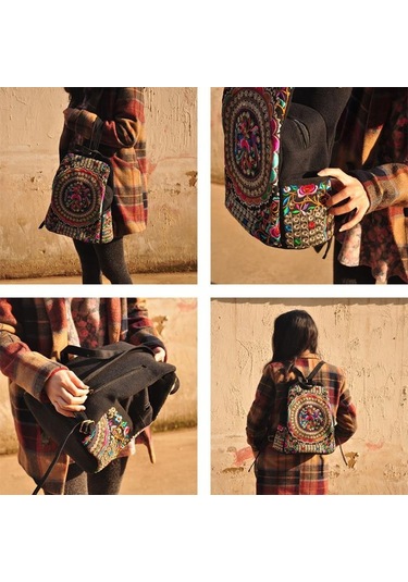 Yogodlns Vintage Sanatsal Tasarım Kadın Kanvas Sırt Çantaları El Yapımı Çiçek Nakış Büyük Kapasiteli Sırt Çantası Okul Çantası Seyahat Omuz Çantaları Çok Renkli