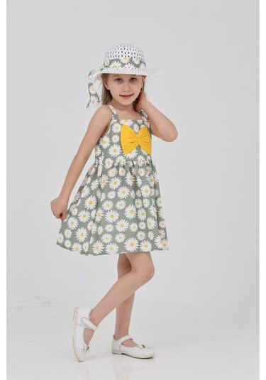 Papatya Baskılı Askılı Şapkalı Elbise Yeşil