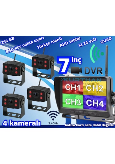 4 Adet Kablosuz Kamera Ahd 1080p 7 İnç Dvr Monitör Bsd Kör Nokta Sistemli 12 24 V