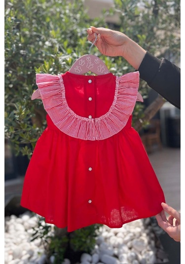 Çizgili Fırfırlı Kız Çocuk Bebek Kırmızı Kolsuz Pamuk Elbise 001