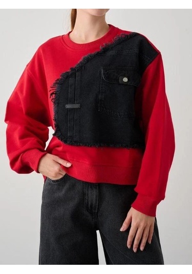 Kız Çocuk Mevsimlik Önü Denim Garni Cepli 3 İplik Sweatshirt-14773 Kırmızı