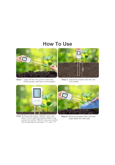 Folinda Toprak Ph, Nem Ve Sıcaklık Testeri - Çift İğne Hassas Ölçüm - Lcd Ekranlı Bahçe Bitki Bakımı Aleti