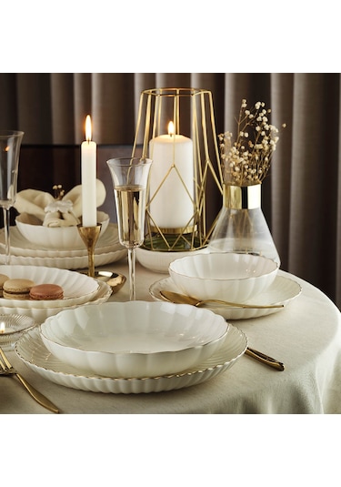 Kütahya Porselen Bone Luz Form 52 Parça Yemek Takımı Altın File