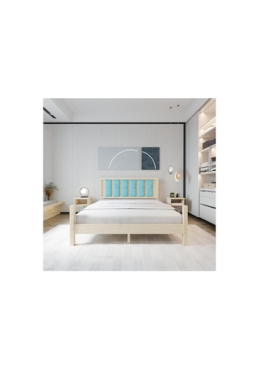 Orion Model Cam Göbeği Puflu Başlıklı Doğal Çam Ahşap Karyola-77 90 x 200