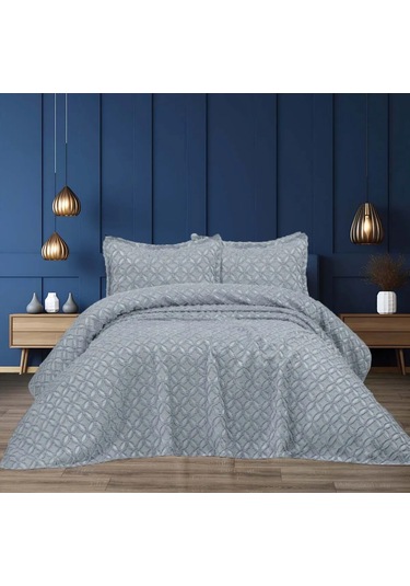 Lunok 3 Parça Çift Kişilik Yatak Örtüsü Gri