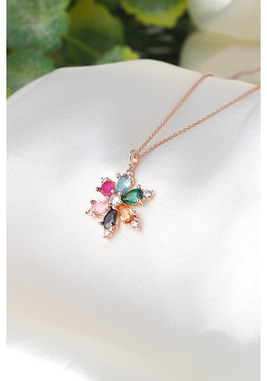 Zanaatsilver 925 ayar Gümüş Zincirli Mix taşlı Rose kaplama Lotus Kamelya Çiçeği kolye