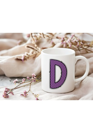 D Harfi Mor Puantiyeli Kupa Bardak - Polka Dot Tasarım Kahve Çay Bardak - Kişiye Özel Hediyelik Beyaz
