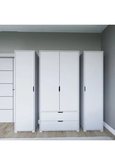 Duru Mat Beyaz 4 Kapılı 2 Çekmeceli Elbise Dolabı - Gardırop Seti Beyaz