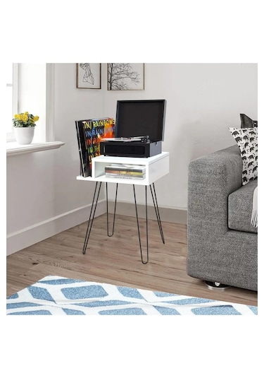 Beyaz Plak Ve Pikap Sehpası Metal Ayaklı