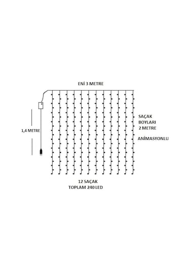 Technosmart 3x2 Metre Perde Led Animasyonlu 12 Saçaklı 240 Ledli