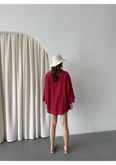 Bordo %100 Keten Bağcık Detaylı Kimono Bluz - 5218 Bordo