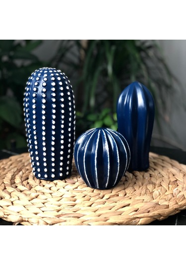 Thiramis Dekoratif 3'lü Kaktüs Lacivert Beyaz Detay