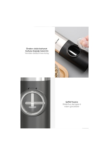 Neutron Pilli Led Işıklı Tuz Karabiber Baharat Değirmen Öğütücü Siyah