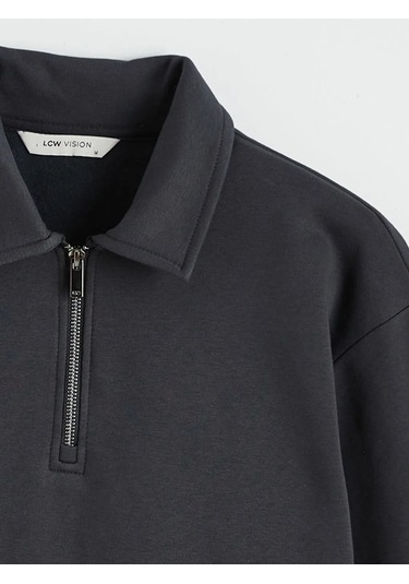 Lc Waikiki Antrasit Fermuar Kapamalı Polo Yaka Erkek Sweatshirt