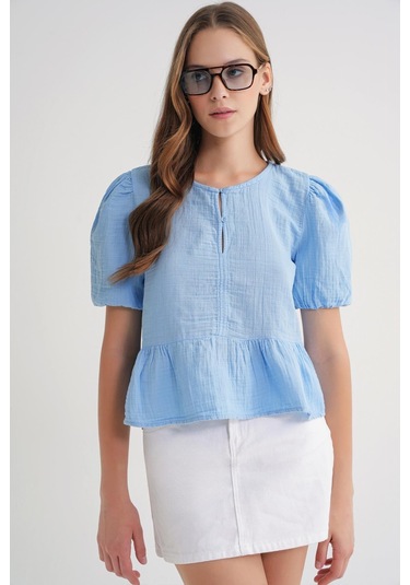 4713 Kadın Beli Büzgülü Kolu Lastikli Bol Müslin Bluz Bebe Mavi Bebe Mavi