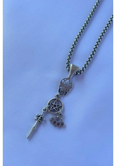 Çok Figürlü El İşçiliği Paslanmaz Çelik Zincir Erkek Kolye Gümüş