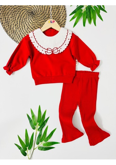 Fiyonk Nakış Yakalı Fitilli Tayt Mevsimlik 2 Parça Set Kırmızı