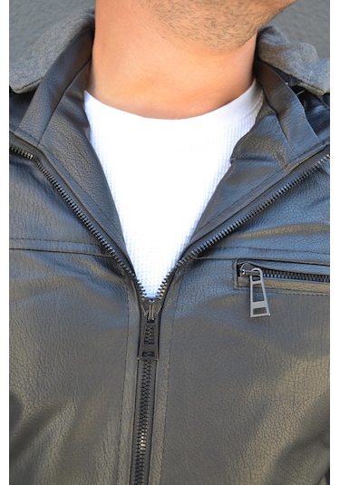 Prifaldi Erkek Kapüşonlu Deri Mont Siyah(554875697)