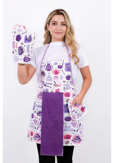 Damla Sıvı Geçirmez Su Geçirmez Mutfak Önlüğü Havlulu Mutfak Önlüğü Eldiven Ve Tutacak Lila Lila