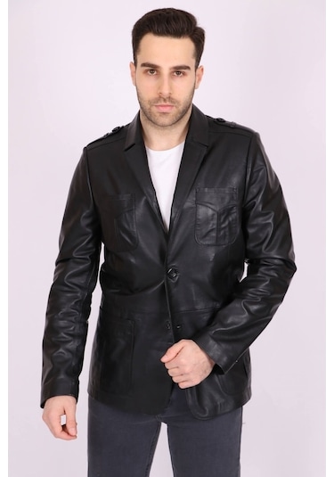 Erkek Siyah Hakiki Deri Yakalı Casual Klasik Ceket Mont