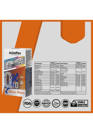 Active Plus Enerji Q10 & Ginseng & Folat & K2 30 Tablet