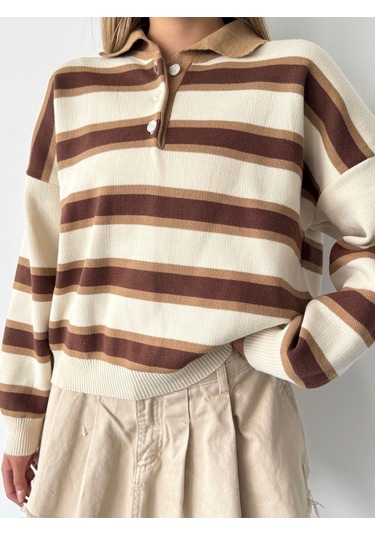 Kadın Polo Yaka Çizgili Triko Kazak Bej