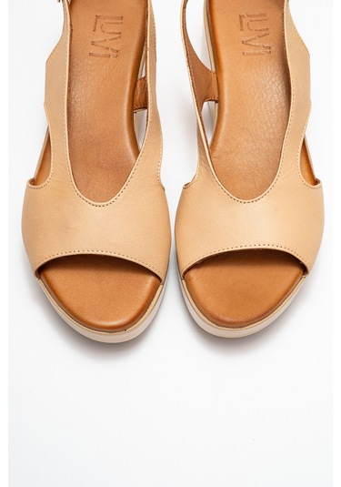 Brad Koyu Bej Cilt Hakiki Deri Dolgu Topuklu Kadın Sandalet Koyu Bej