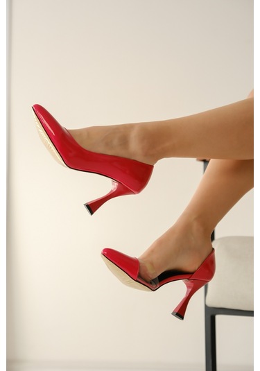 Violet Kırmızı Rugan Burnu Şeffaf Detaylı Günlük Kullanım Stiletto Kırmızı Rugan
